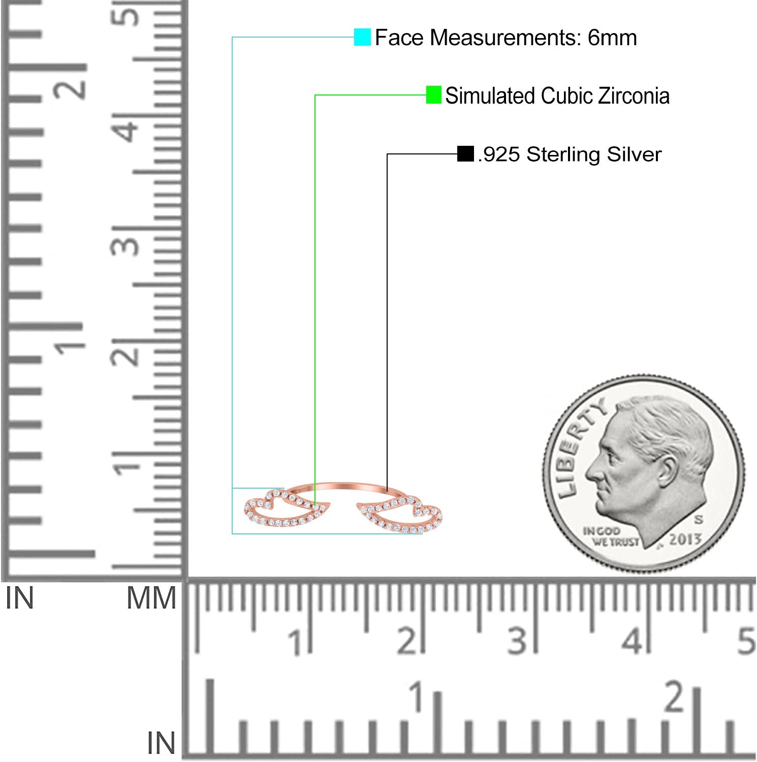 Angel Wings Ring Round Simulated Cubic Zirconia 925 Sterling Silver (6mm)