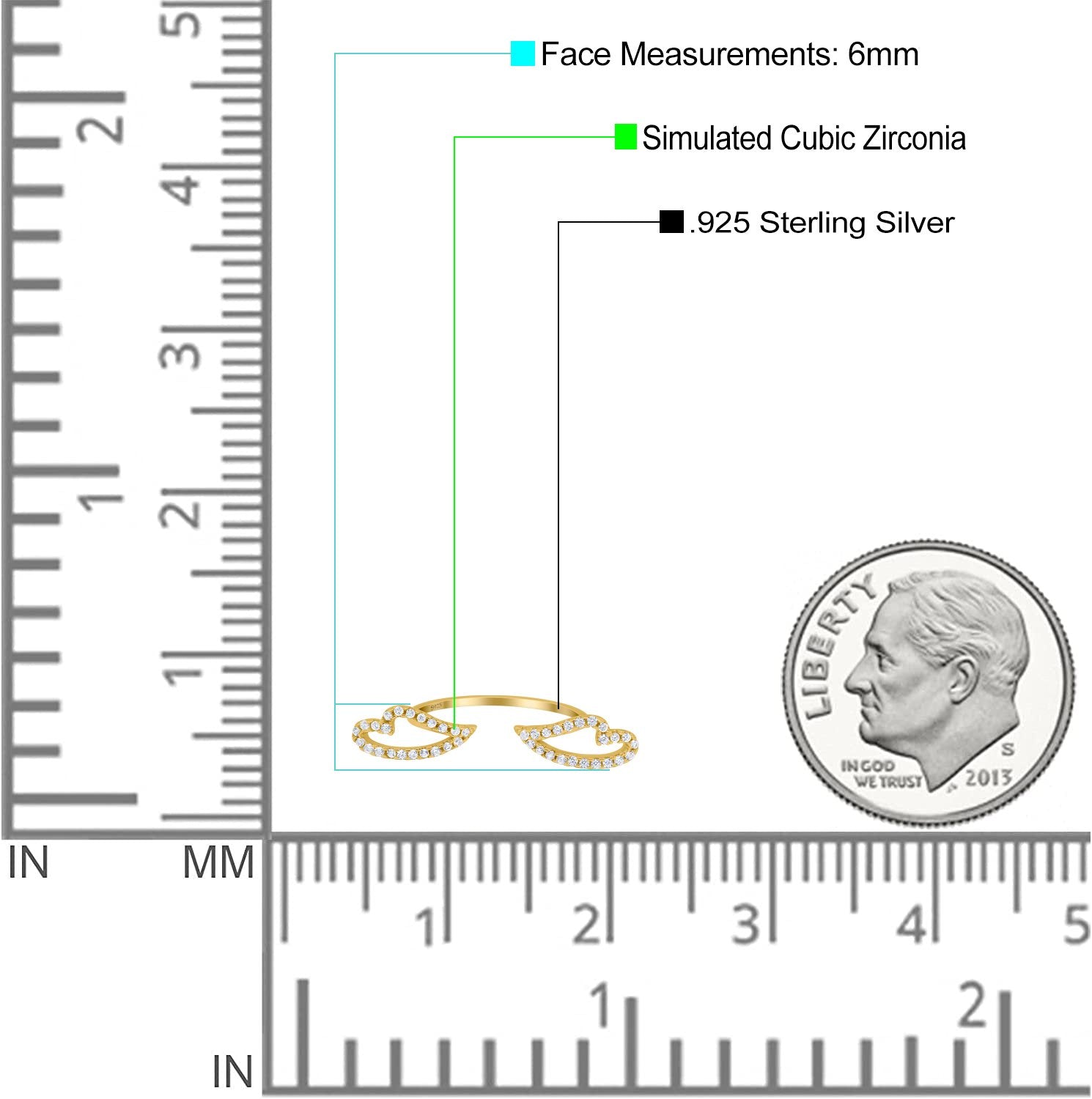 Angel Wings Ring Round Simulated Cubic Zirconia 925 Sterling Silver (6mm)