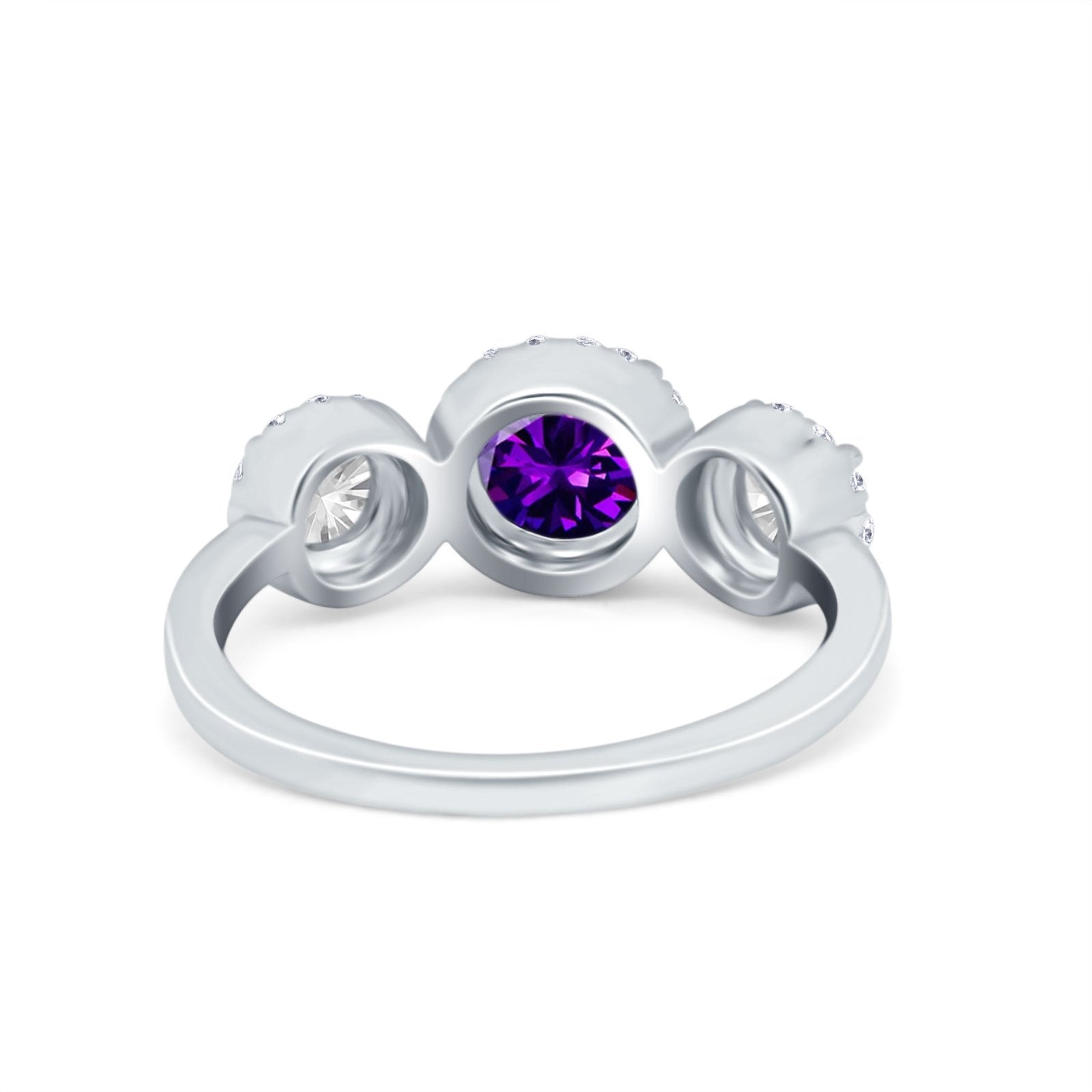 Halo Three Stone Wedding Ring Round Simulated Cubic Zirconia 925 Sterling Silver