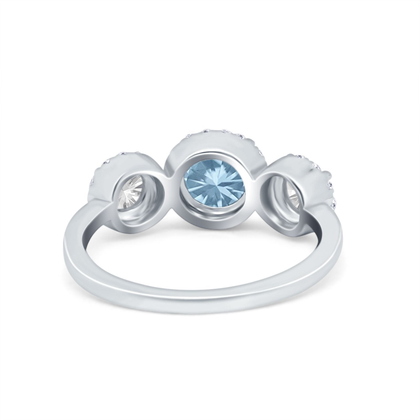 Halo Three Stone Wedding Ring Round Simulated Cubic Zirconia 925 Sterling Silver