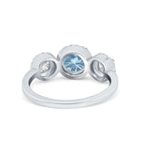 Halo Three Stone Wedding Ring Round Simulated Cubic Zirconia 925 Sterling Silver