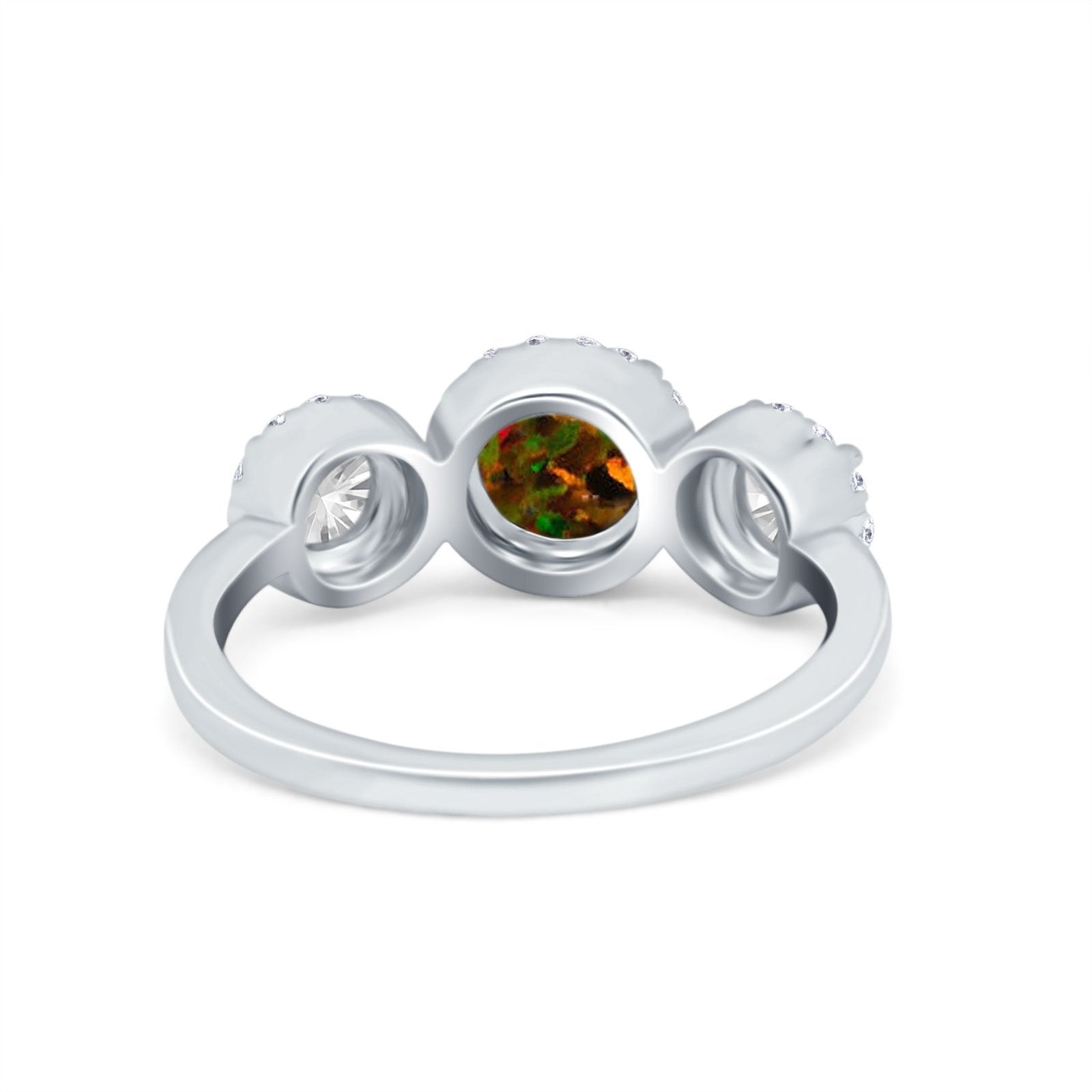 Halo Three Stone Wedding Ring Round Simulated Cubic Zirconia 925 Sterling Silver