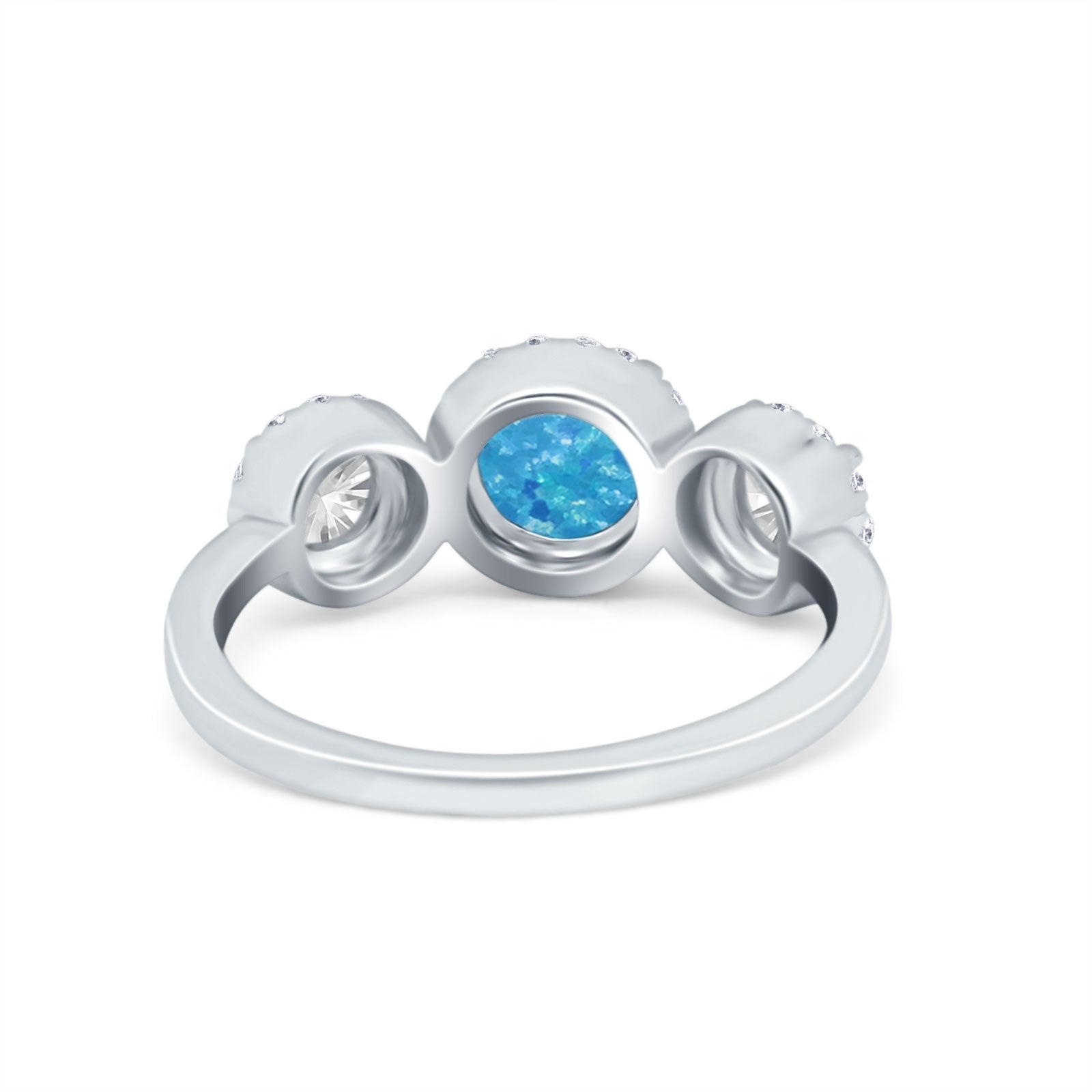 Halo Three Stone Wedding Ring Round Simulated Cubic Zirconia 925 Sterling Silver