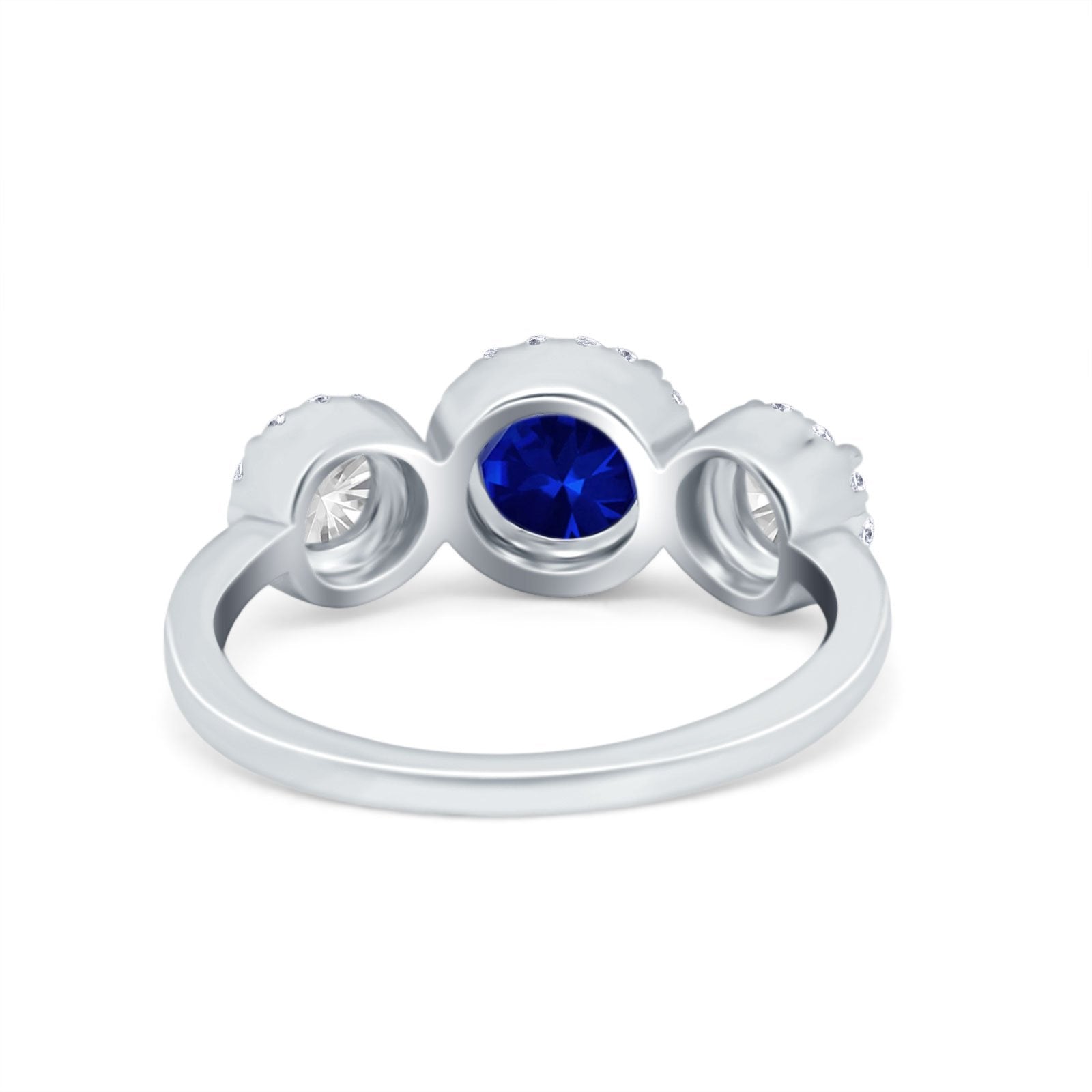 Halo Three Stone Wedding Ring Round Simulated Cubic Zirconia 925 Sterling Silver
