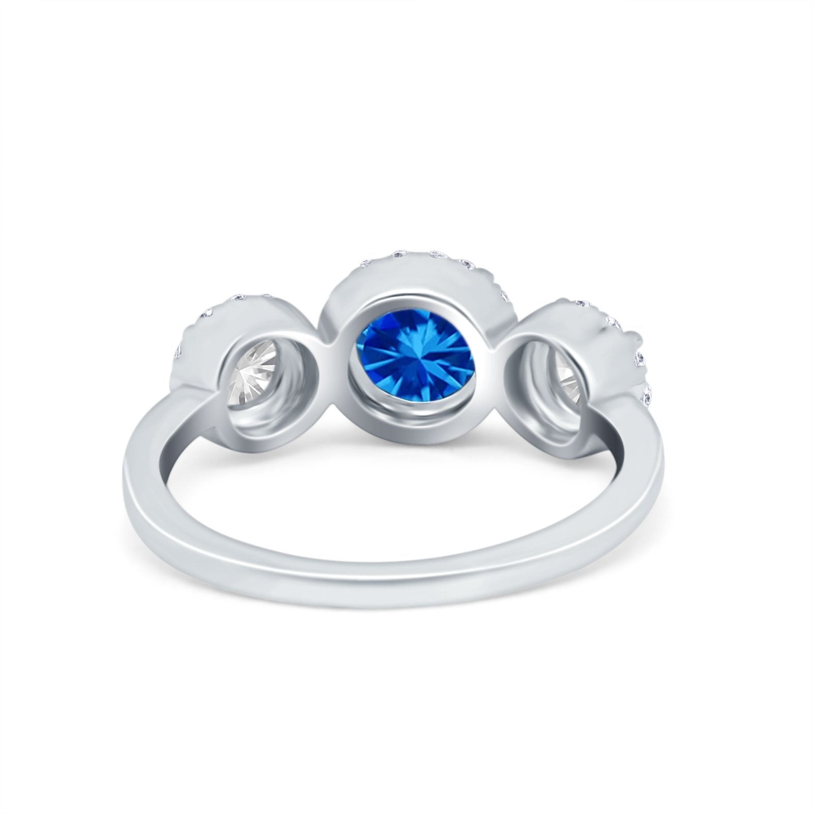 Halo Three Stone Wedding Ring Round Simulated Cubic Zirconia 925 Sterling Silver