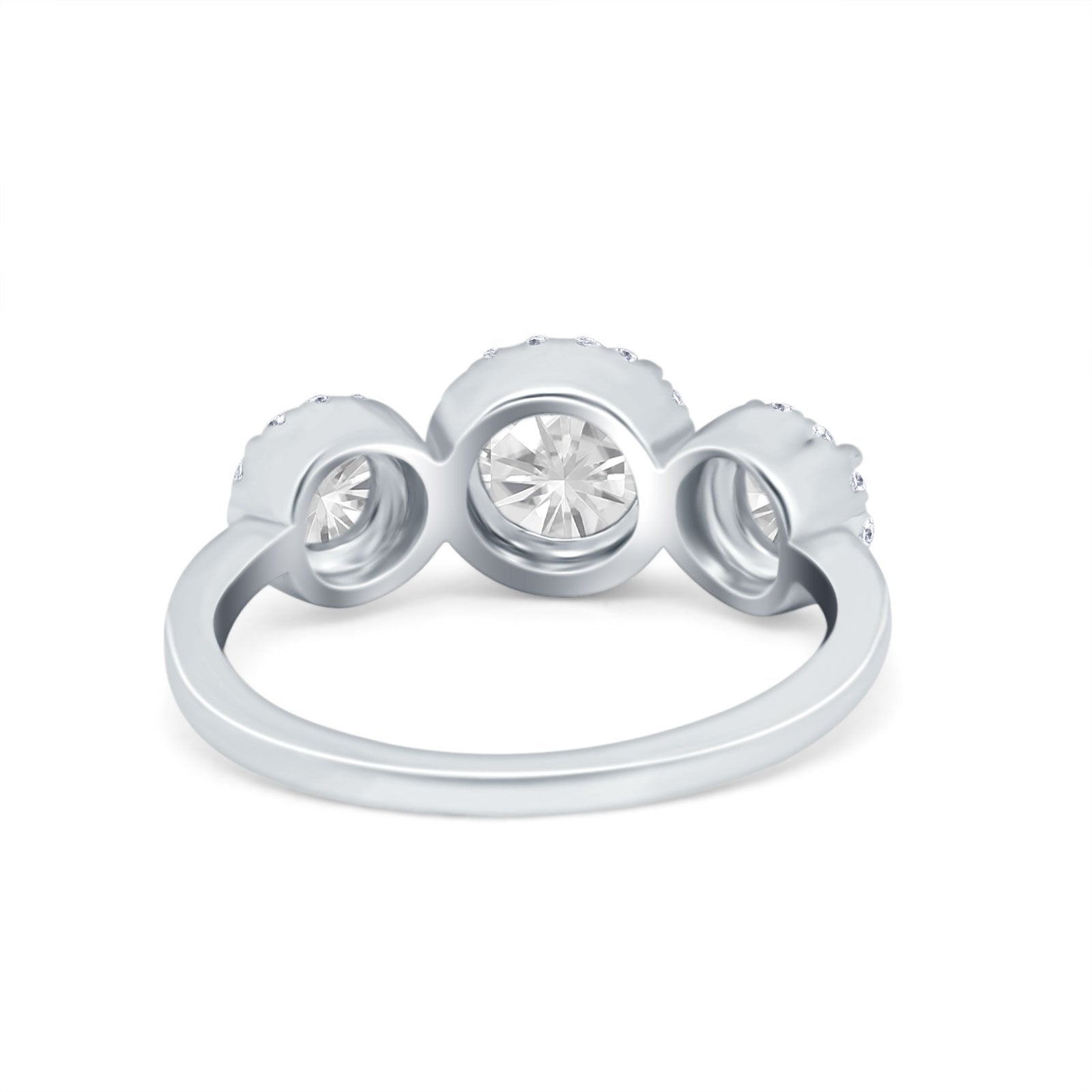 Halo Three Stone Wedding Ring Round Simulated Cubic Zirconia 925 Sterling Silver