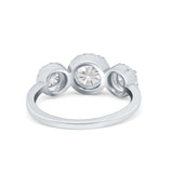 Halo Three Stone Wedding Ring Round Simulated Cubic Zirconia 925 Sterling Silver