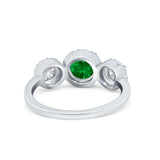 Halo Three Stone Wedding Ring Round Simulated Cubic Zirconia 925 Sterling Silver