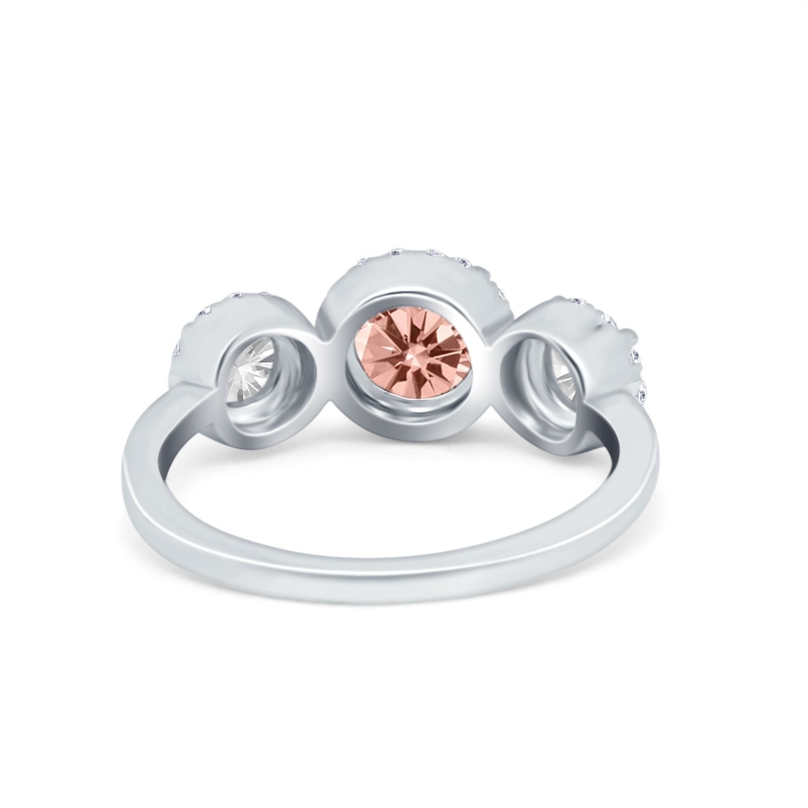 Halo Three Stone Wedding Ring Round Simulated Cubic Zirconia 925 Sterling Silver