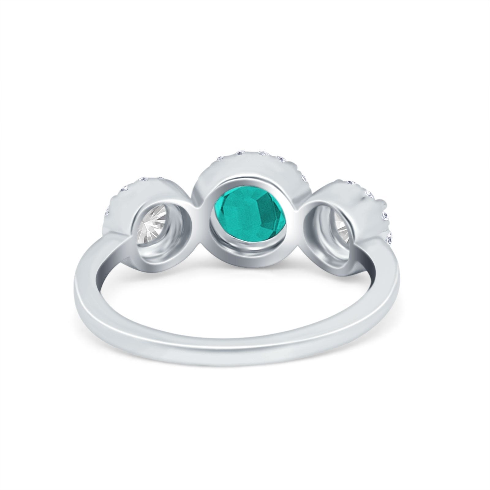 Halo Three Stone Wedding Ring Round Simulated Cubic Zirconia 925 Sterling Silver