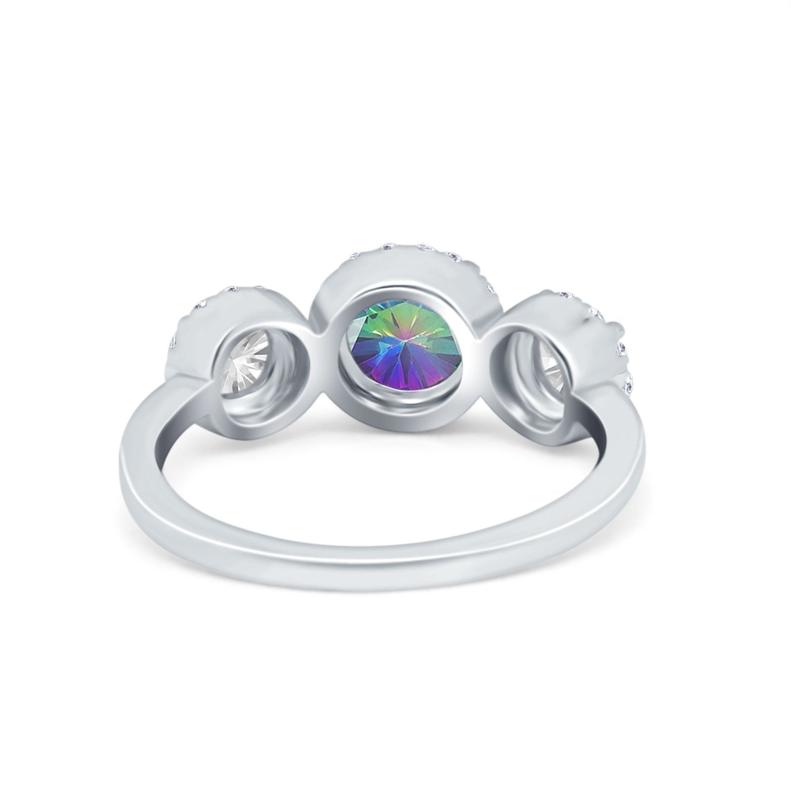 Halo Three Stone Wedding Ring Round Simulated Cubic Zirconia 925 Sterling Silver