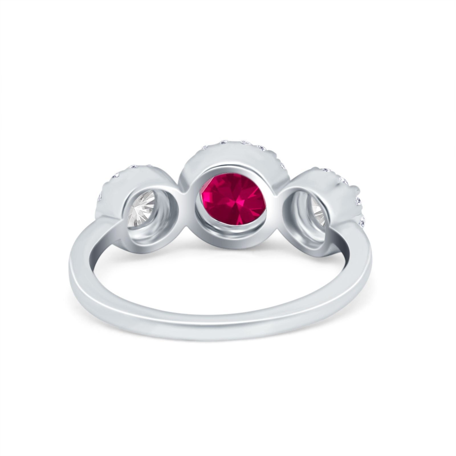 Halo Three Stone Wedding Ring Round Simulated Cubic Zirconia 925 Sterling Silver