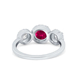 Halo Three Stone Wedding Ring Round Simulated Cubic Zirconia 925 Sterling Silver