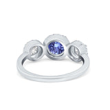 Halo Three Stone Wedding Ring Round Simulated Cubic Zirconia 925 Sterling Silver