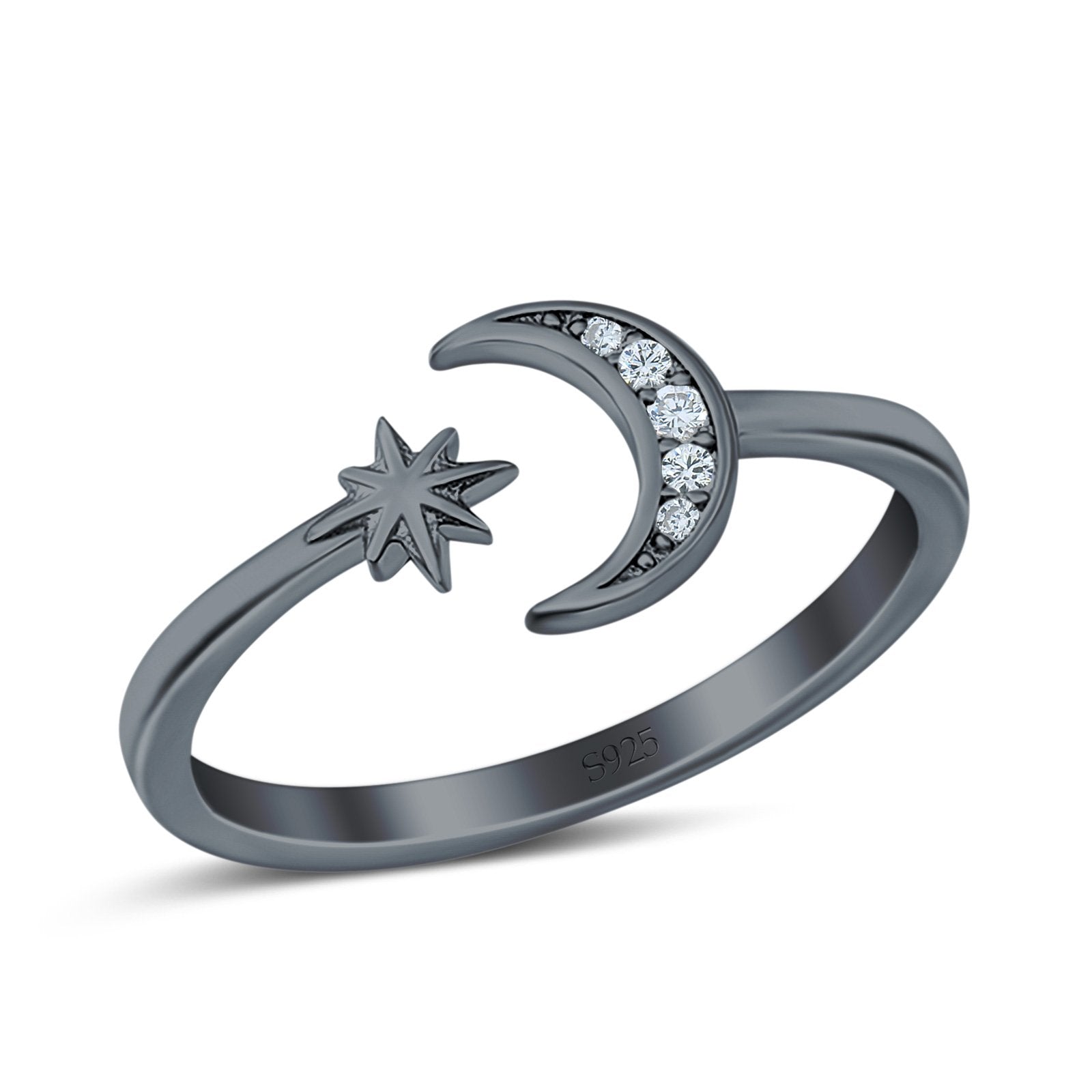 Moon & Star Wedding Band Ring Round Simulated Cubic Zirconia 925 Sterling Silver