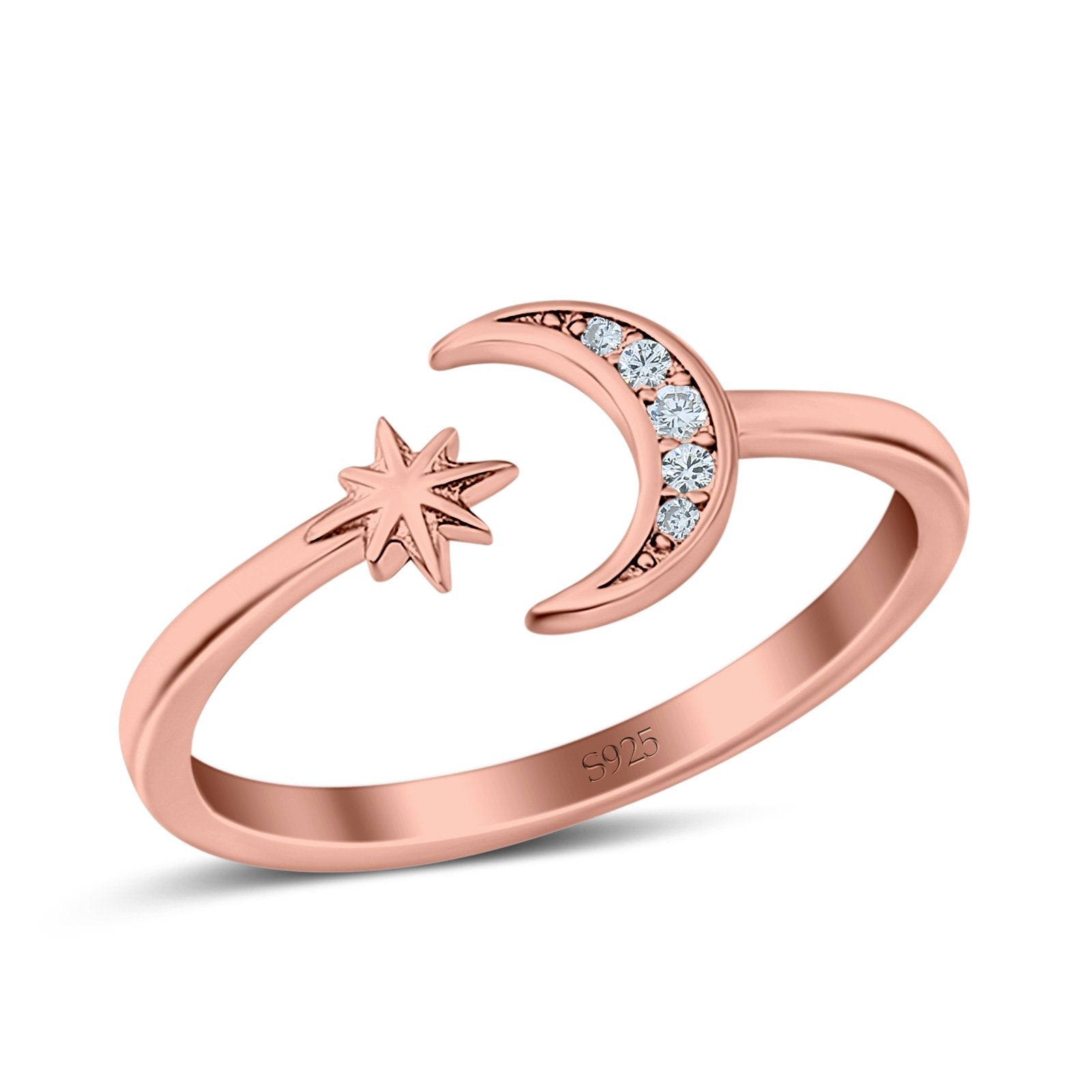 Moon & Star Wedding Band Ring Round Simulated Cubic Zirconia 925 Sterling Silver
