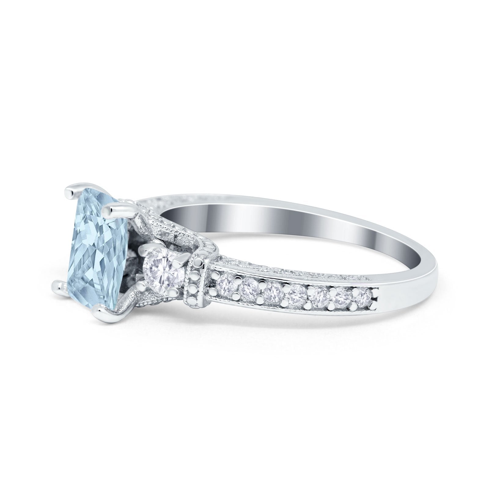 Three Stone Engagement Ring Radiant Simulated Cubic Zirconia 925 Sterling Silver