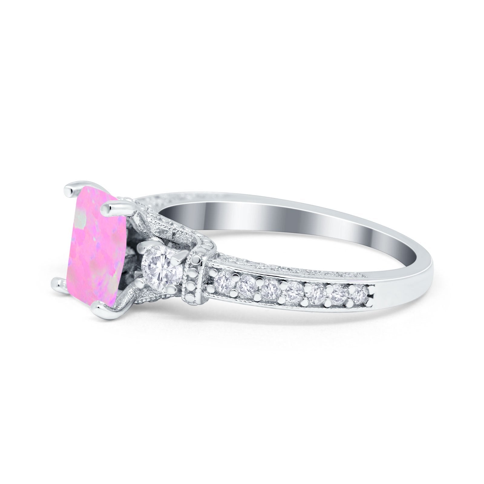 Three Stone Engagement Ring Radiant Simulated Cubic Zirconia 925 Sterling Silver