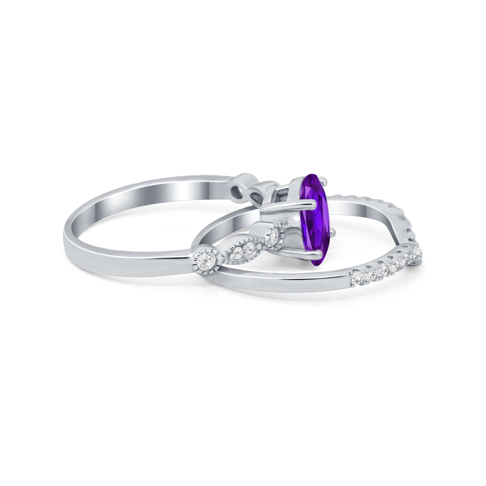 Two Piece Wedding Ring Band Round Simulated Cubic Zirconia 925 Sterling Silver