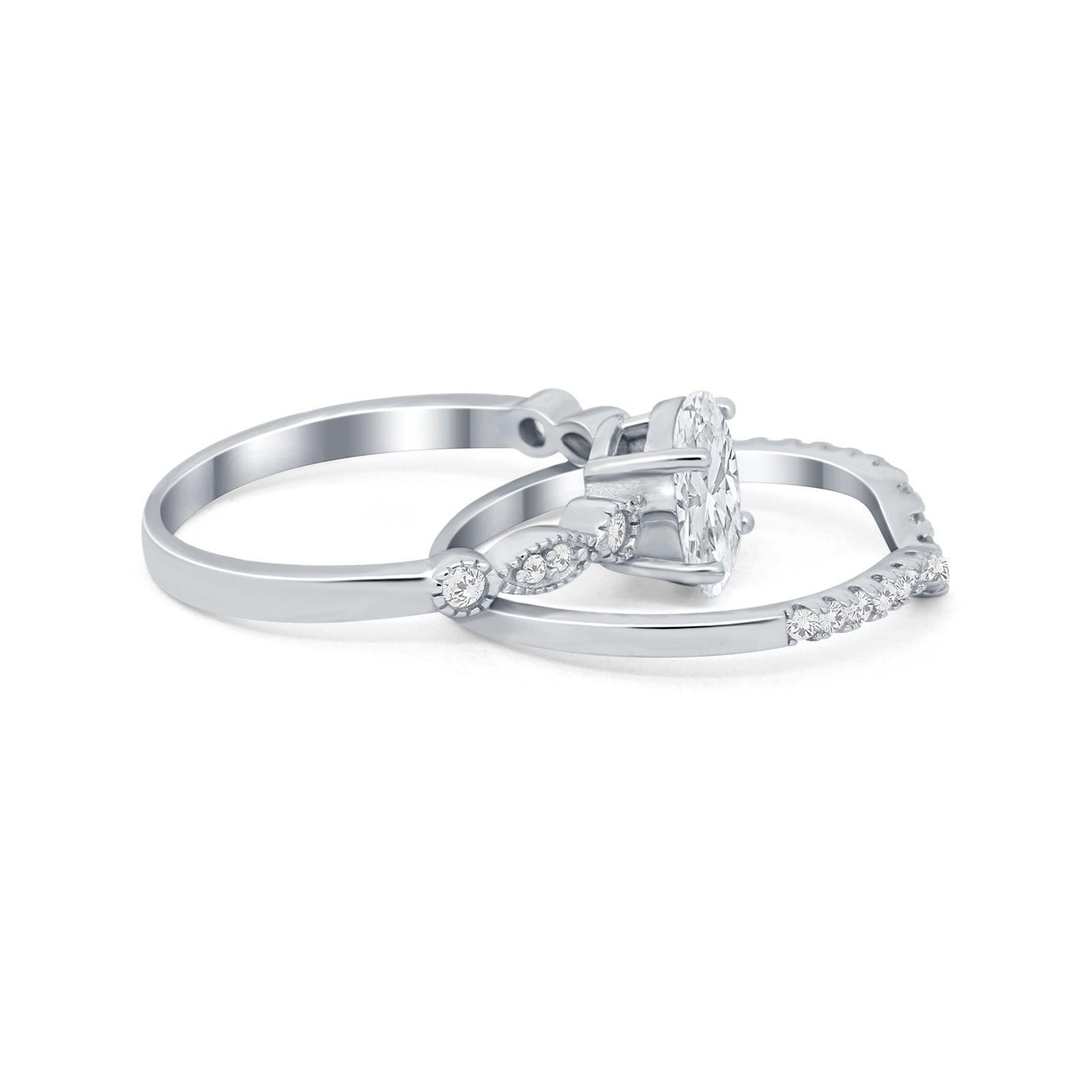Two Piece Wedding Ring Band Round Simulated Cubic Zirconia 925 Sterling Silver