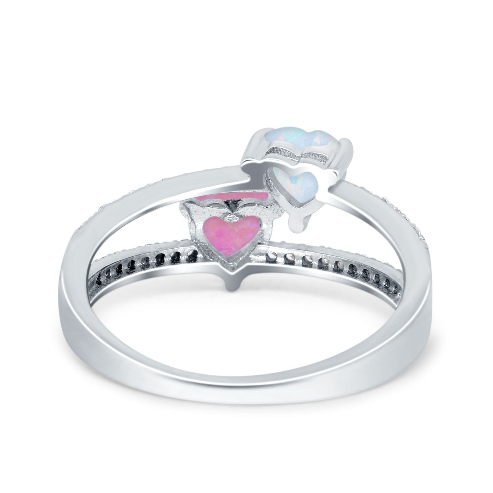 Heart Promise Ring Double Heart Created White Opal Round Simulated Cubic Zirconia 925 Sterling Silver