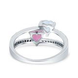 Heart Promise Ring Double Heart Created White Opal Round Simulated Cubic Zirconia 925 Sterling Silver