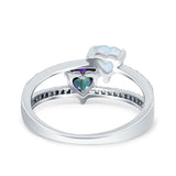 Heart Promise Ring Double Heart Created White Opal Round Simulated Cubic Zirconia 925 Sterling Silver