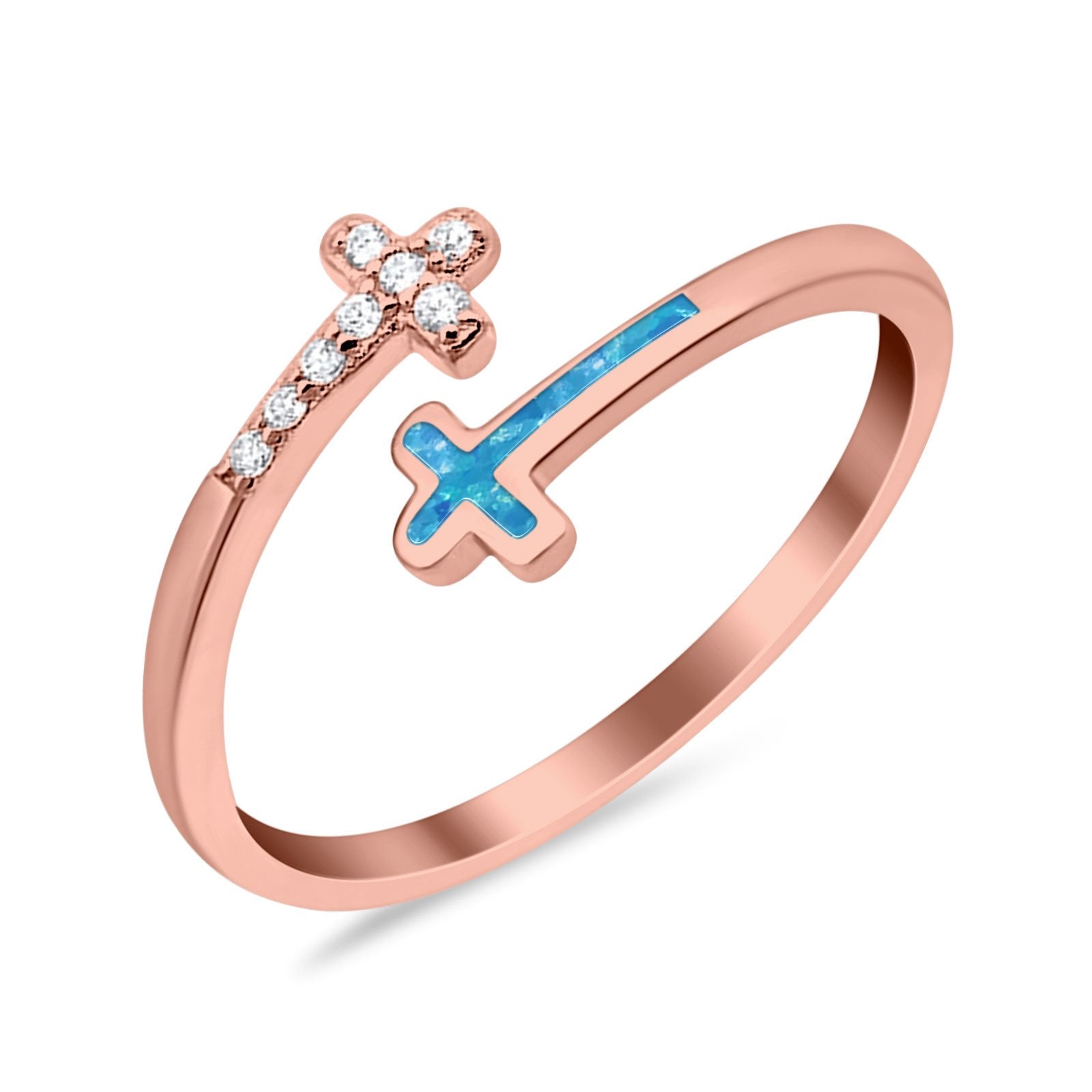 Cross Ring Sideways Round Eternity Simulated CZ Lab Opal 925 Sterling Silver