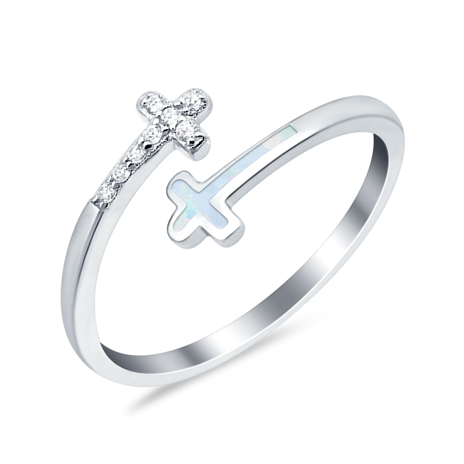 Cross Ring Sideways Round Eternity Simulated CZ Lab Opal 925 Sterling Silver