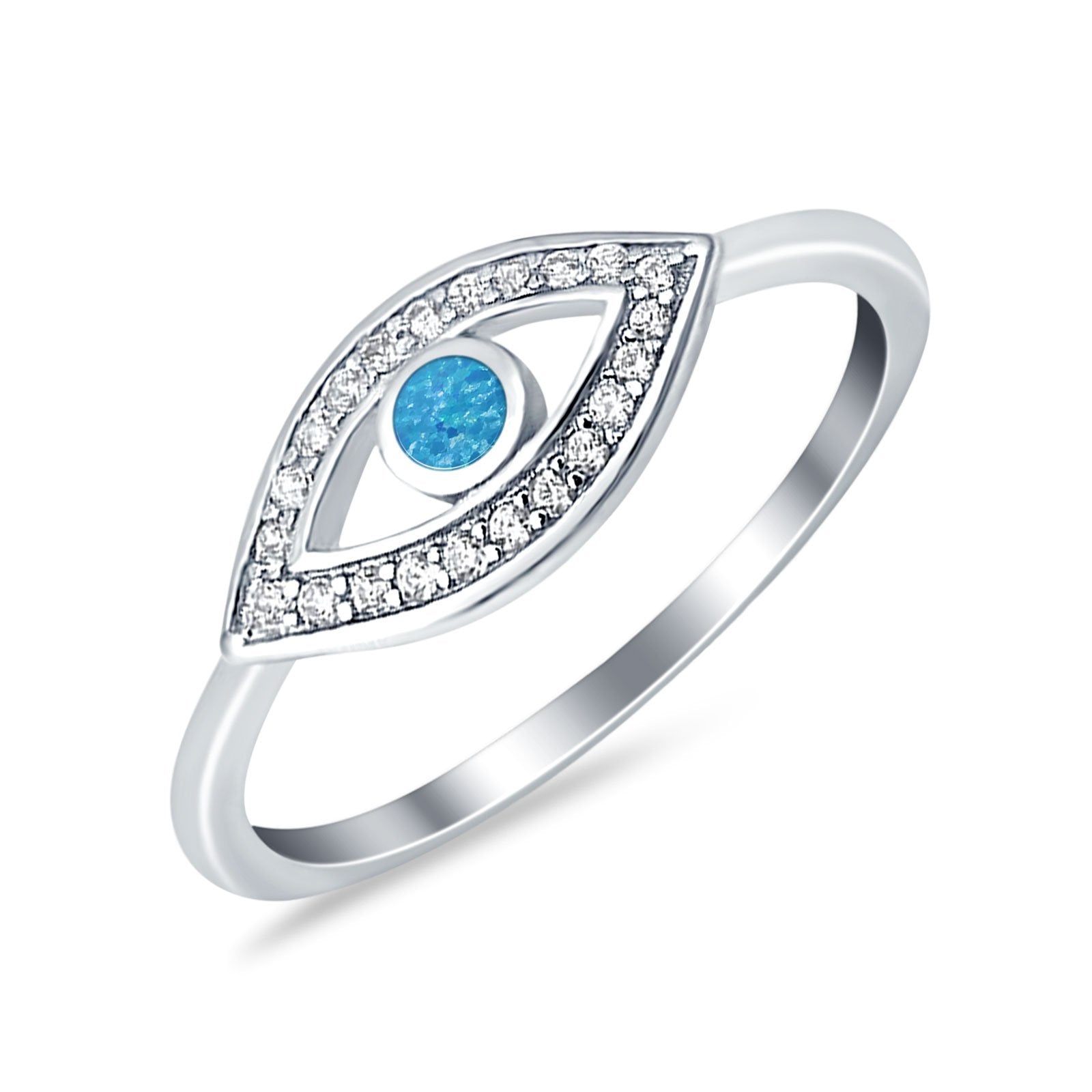 Evil Eye Ring Round Lab Opal Simulated Cubic Zirconia 925 Sterling Silver