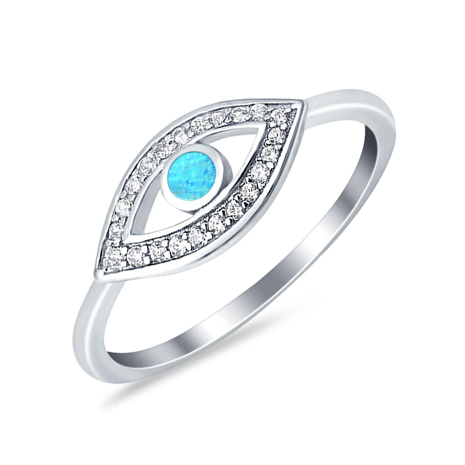 Evil Eye Ring Round Lab Opal Simulated Cubic Zirconia 925 Sterling Silver