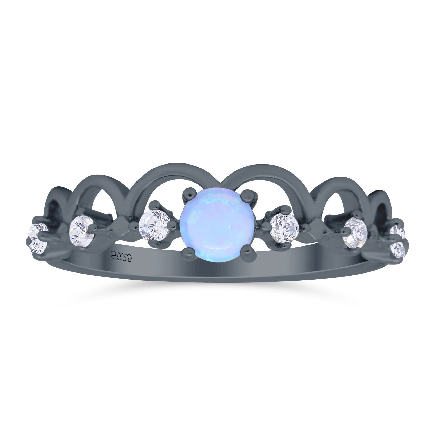 Fashion Half Eternity Ring Wave Design Round Lab Created Blue Opal Simulated Cubic Zirconia 925 Sterling Silver