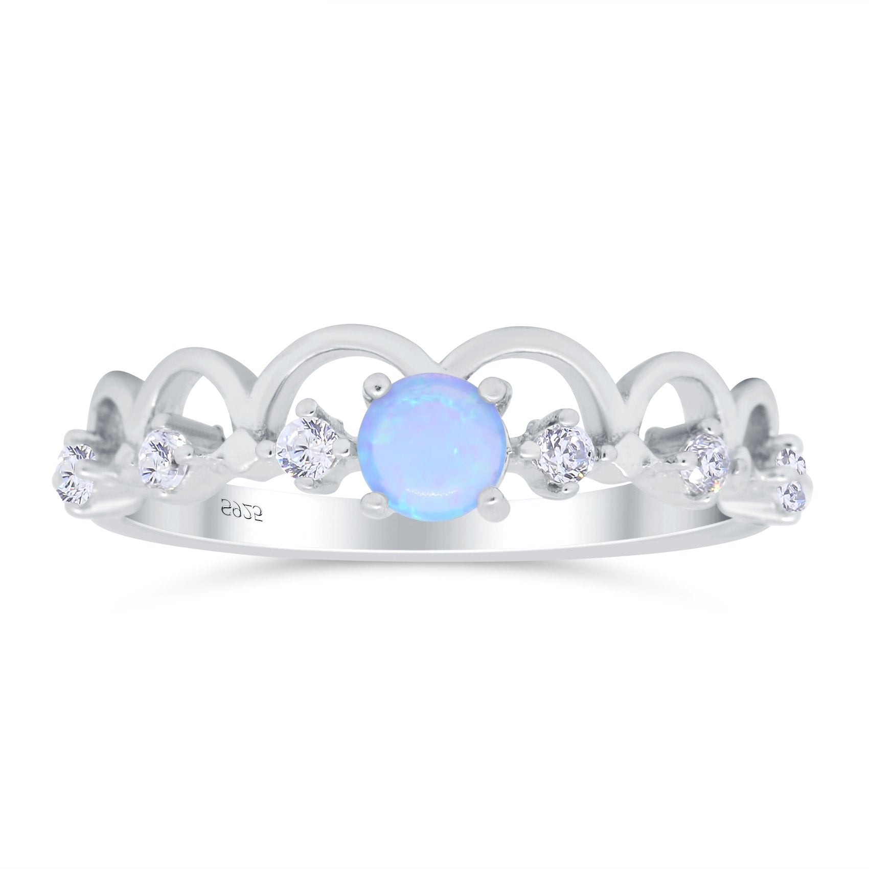 Fashion Half Eternity Ring Wave Design Round Lab Created Blue Opal Simulated Cubic Zirconia 925 Sterling Silver