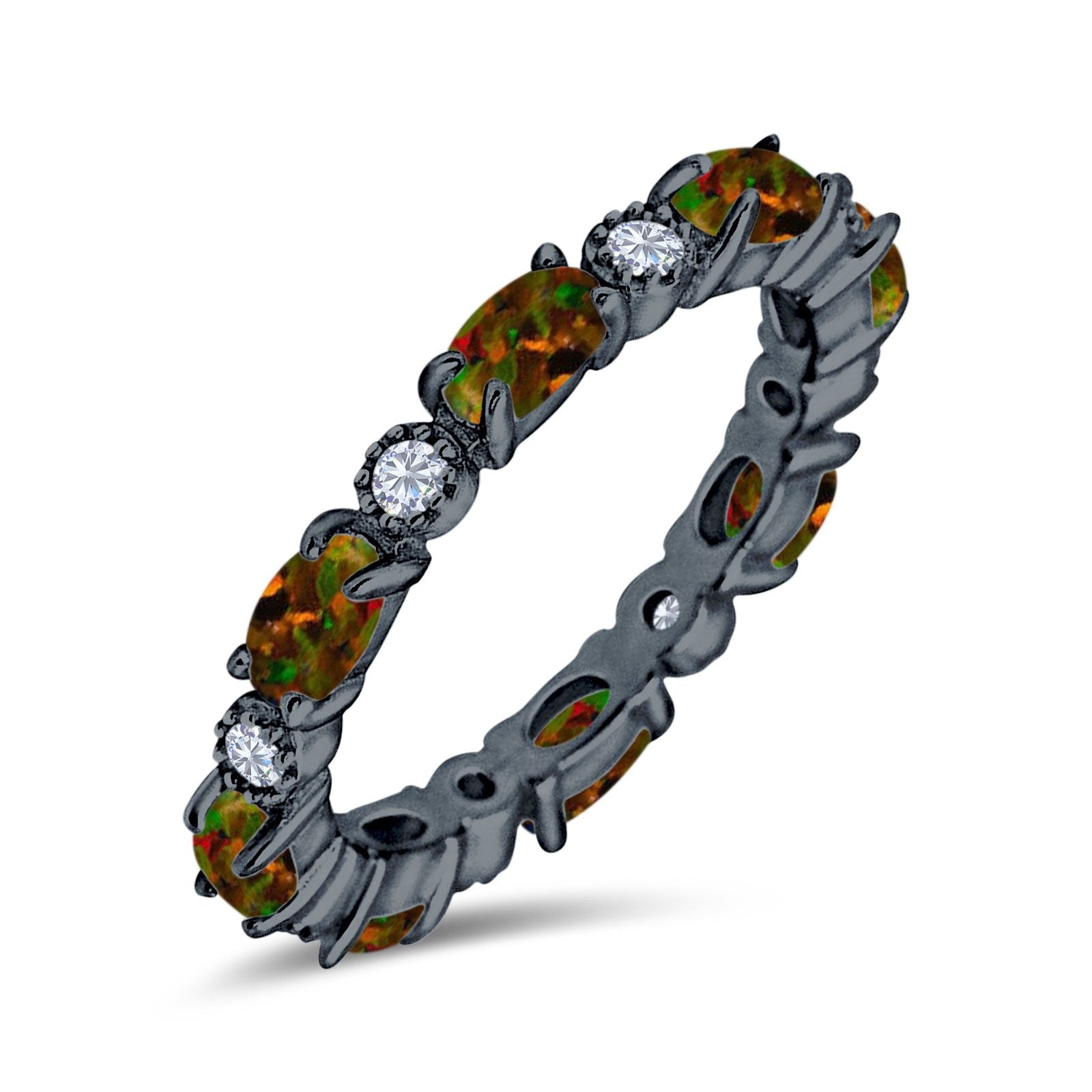 Full Eternity Stackable Band Ring Oval Created Opal 925 Sterling Silver