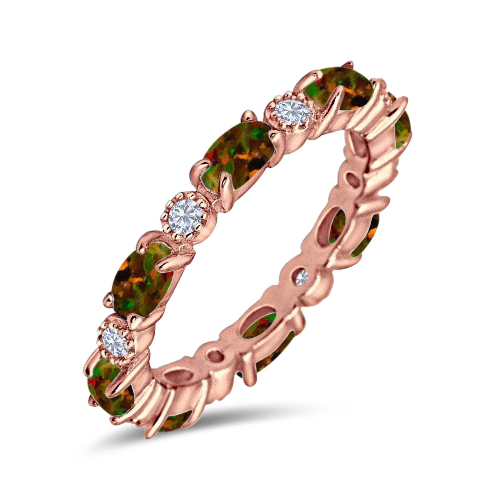Full Eternity Stackable Band Ring Oval Created Opal 925 Sterling Silver