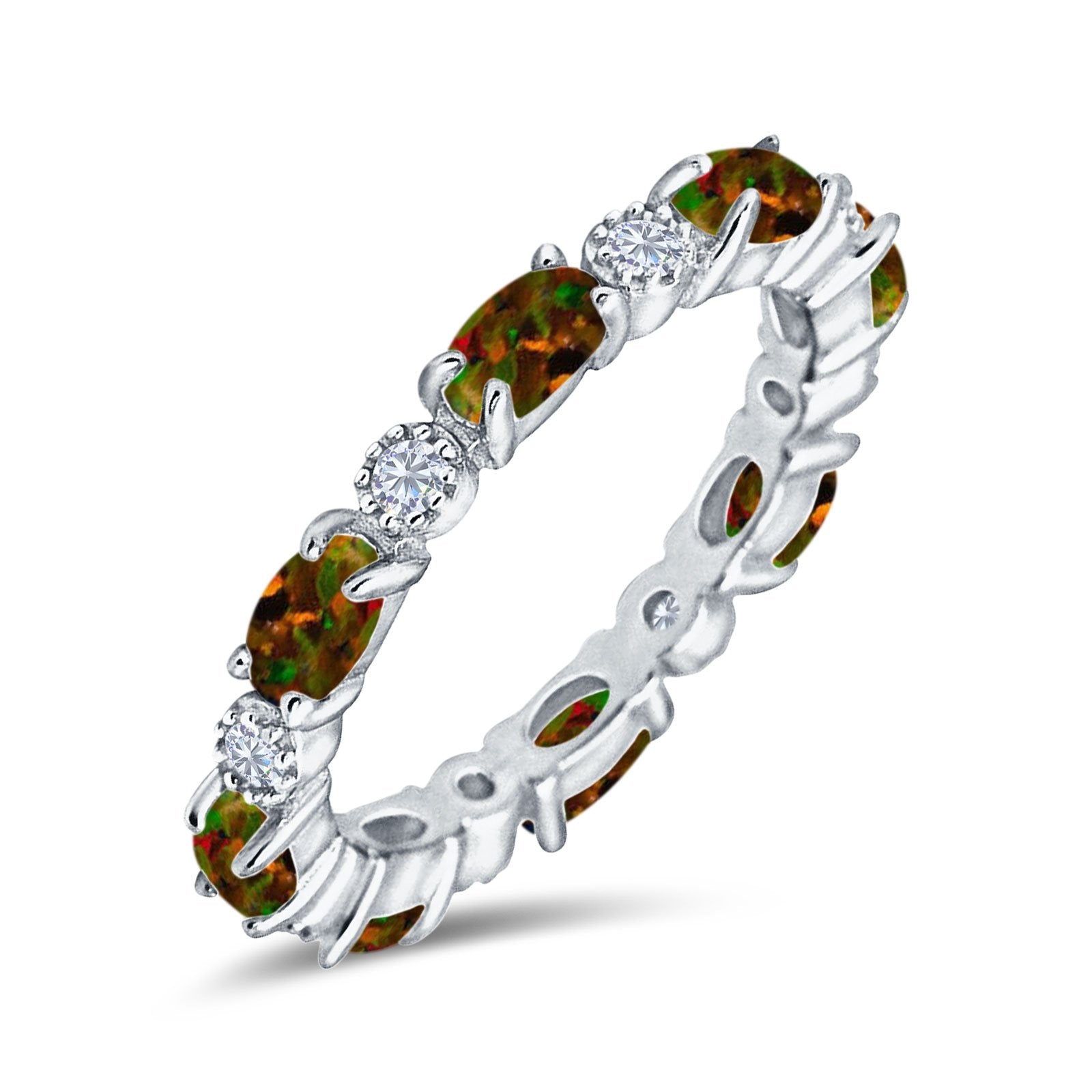Full Eternity Stackable Band Ring Oval Created Opal 925 Sterling Silver