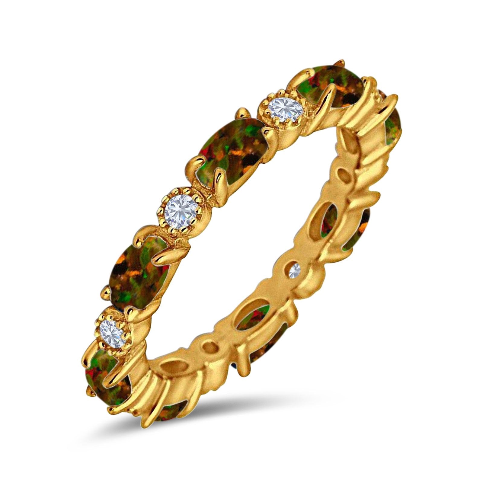 Full Eternity Stackable Band Ring Oval Created Opal 925 Sterling Silver