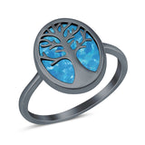 Oval Tree of Life Ring Lab Created Opal Rhodium Plated 925 Sterling Silver