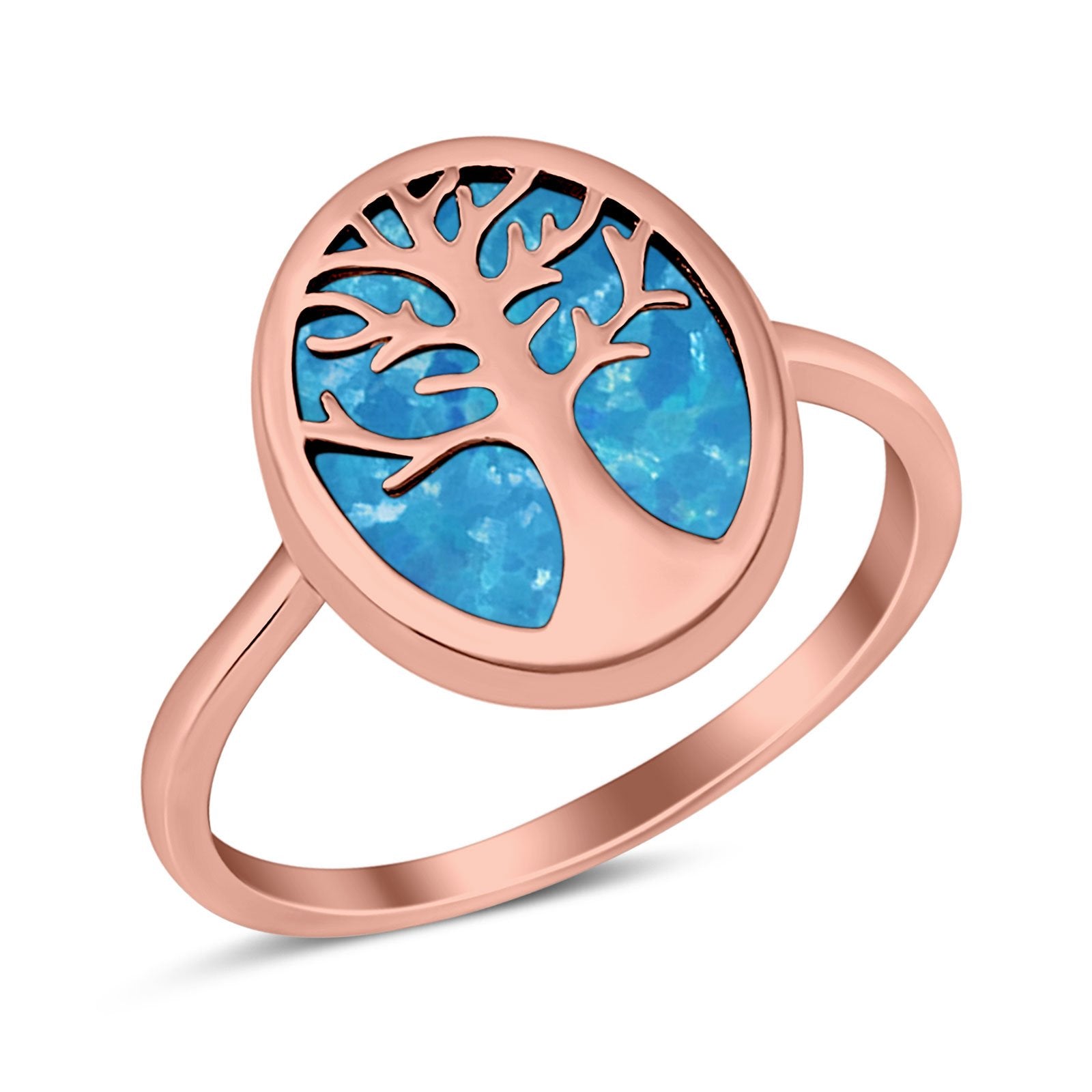 Oval Tree of Life Ring Lab Created Opal Rhodium Plated 925 Sterling Silver
