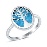 Oval Tree of Life Ring Lab Created Opal Rhodium Plated 925 Sterling Silver