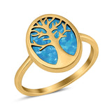 Oval Tree of Life Ring Lab Created Opal Rhodium Plated 925 Sterling Silver