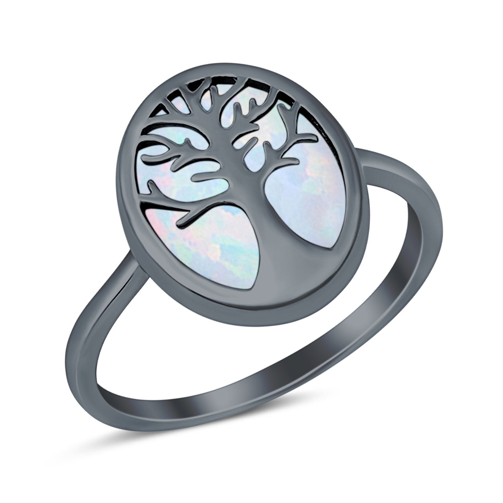 Oval Tree of Life Ring Lab Created Opal Rhodium Plated 925 Sterling Silver
