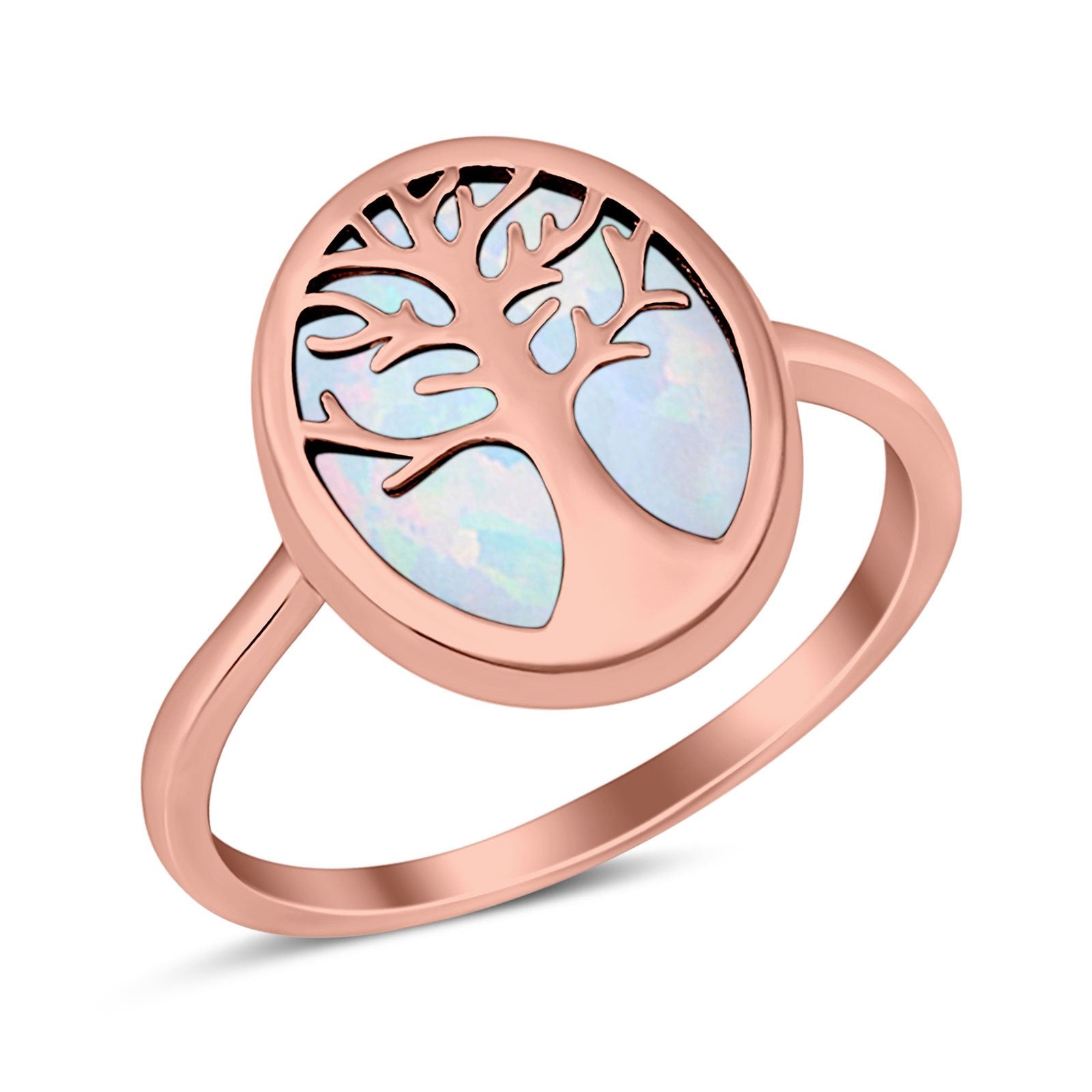 Oval Tree of Life Ring Lab Created Opal Rhodium Plated 925 Sterling Silver