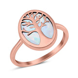 Oval Tree of Life Ring Lab Created Opal Rhodium Plated 925 Sterling Silver