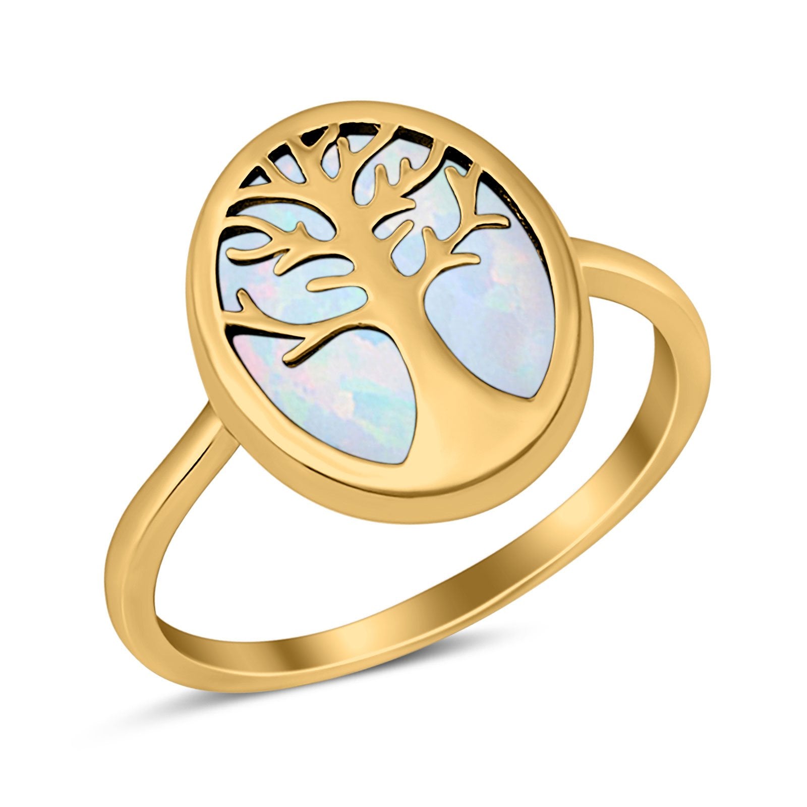 Oval Tree of Life Ring Lab Created Opal Rhodium Plated 925 Sterling Silver
