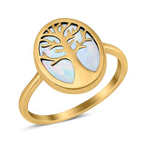 Oval Tree of Life Ring Lab Created Opal Rhodium Plated 925 Sterling Silver