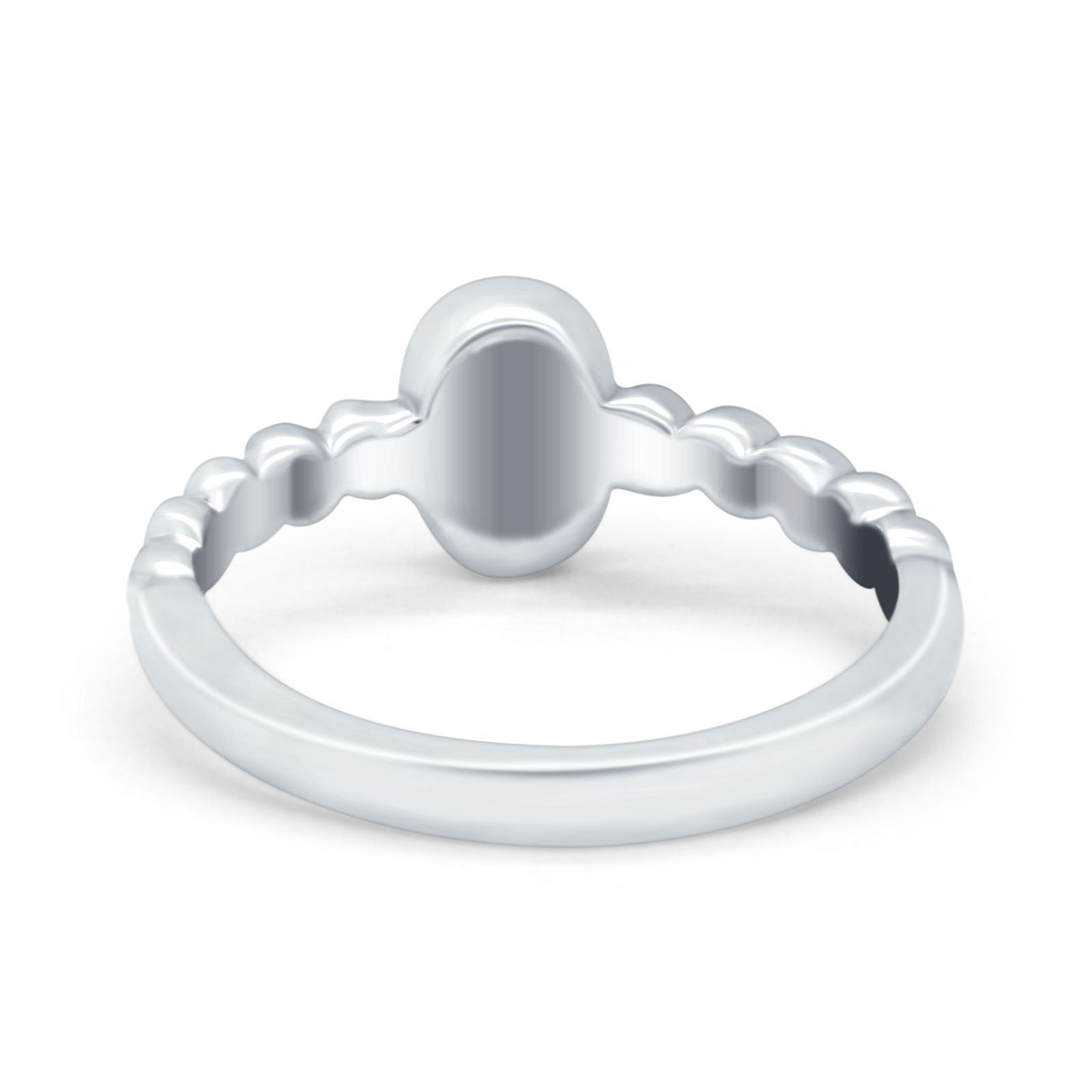 Solitaire Oval Ring Beaded Design Band Simulated Opal Round 925 Sterling Silver