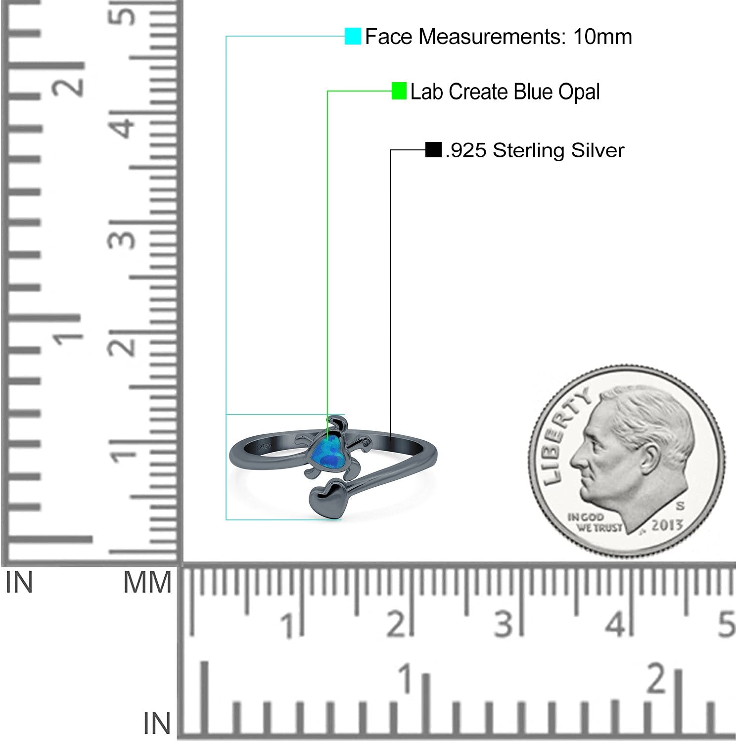 Turtle & Heart Ring Band Lab Created Opal 925 Sterling Silver (10mm)