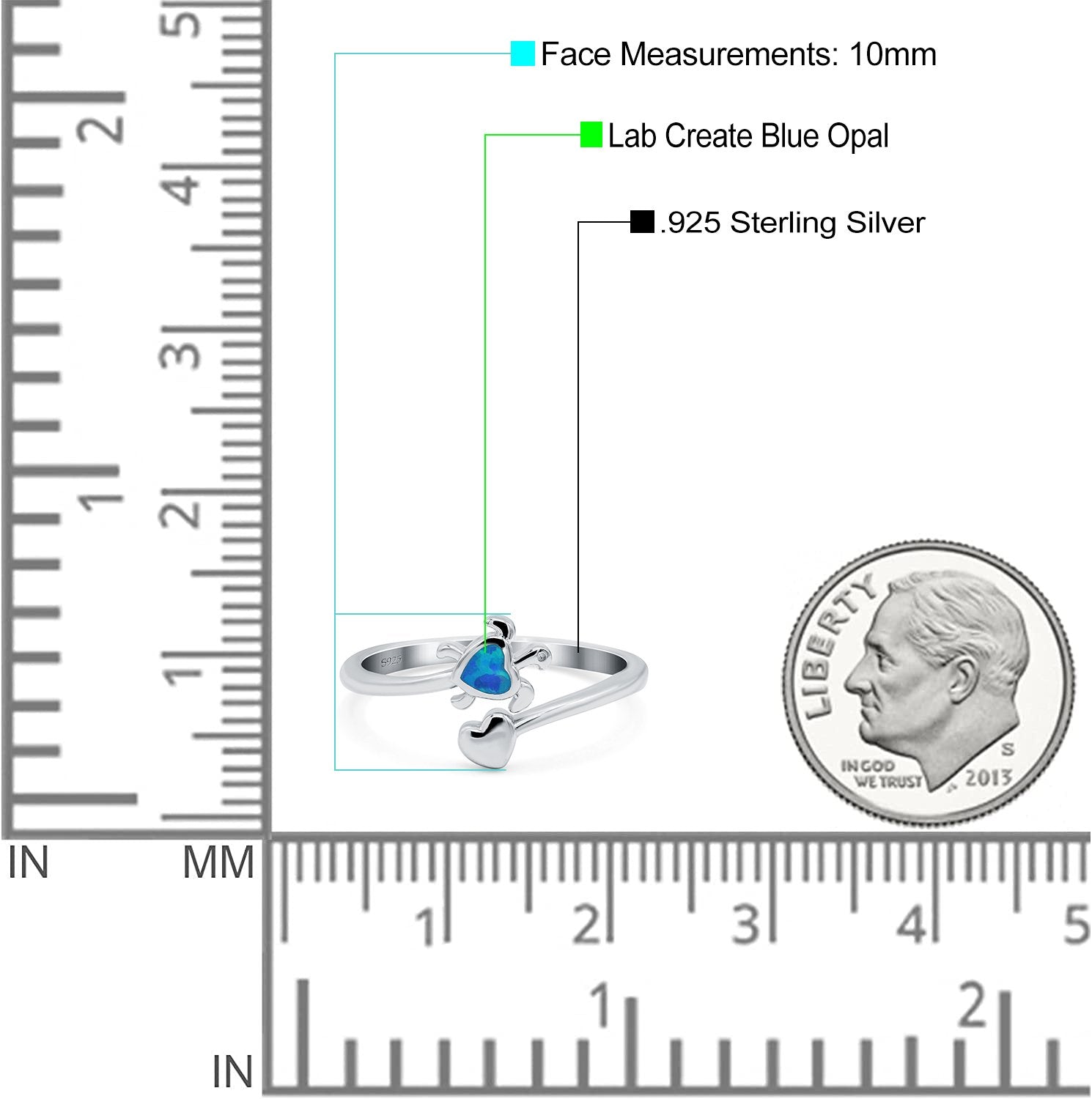 Turtle & Heart Ring Band Lab Created Opal 925 Sterling Silver (10mm)