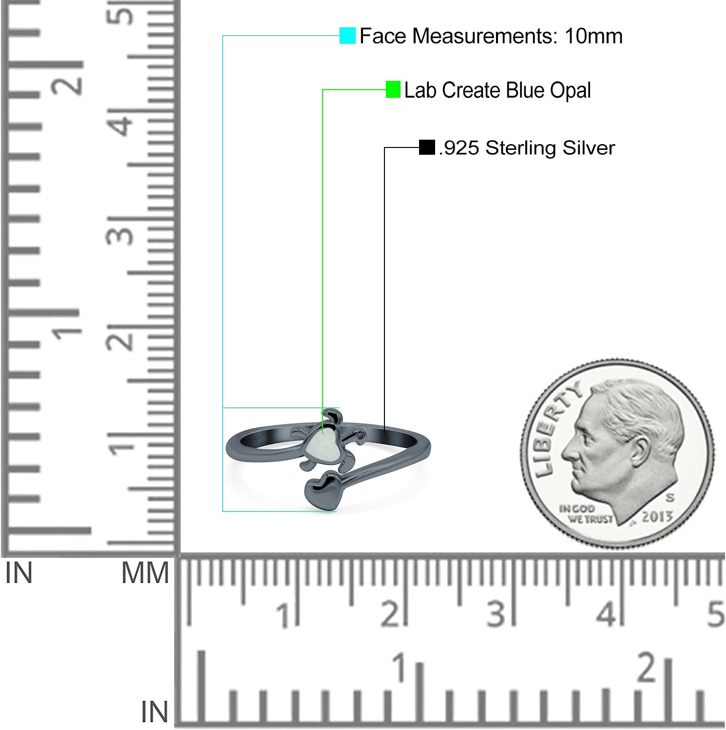 Turtle & Heart Ring Band Lab Created Opal 925 Sterling Silver (10mm)